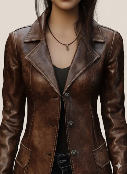 Women’s Brown Distressed Real Leather Blazer