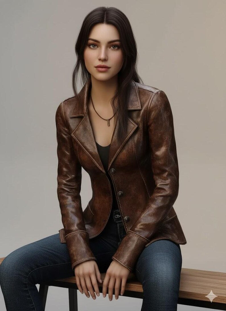 Women’s Brown Distressed Real Leather Blazer
