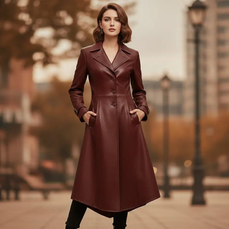 Women’s Brown Genuine Sheep Leather Trench Coat