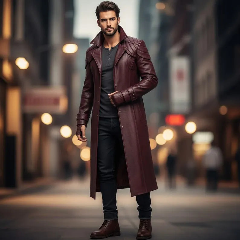 Men’s Maroon Genuine Sheep Leather Long Trench Coat – Quilted Shoulder Design Overcoat