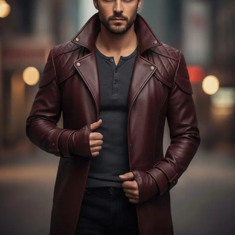 Men’s Maroon Genuine Sheep Leather Long Trench Coat – Quilted Shoulder Design Overcoat