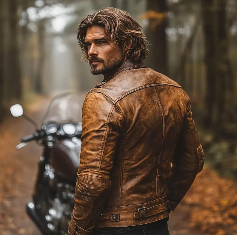 Men’s Brown Cowhide Retro Distressed Leather Rugged Biker Jacket