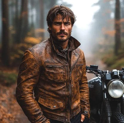 Men’s Brown Cowhide Retro Distressed Leather Rugged Biker Jacket