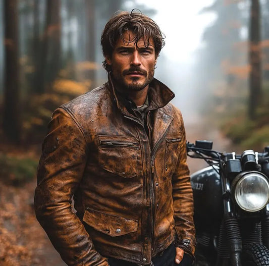 Men’s Brown Cowhide Retro Distressed Leather Rugged Biker Jacket