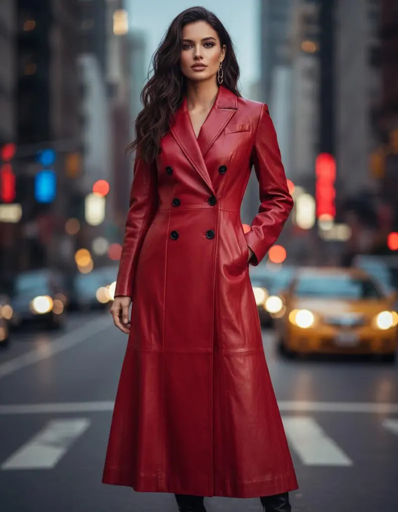 Women’s Red Lambskin Double-Breasted Long Leather Trench Coat – Full-Length Tailored Winter Maxi Overcoat