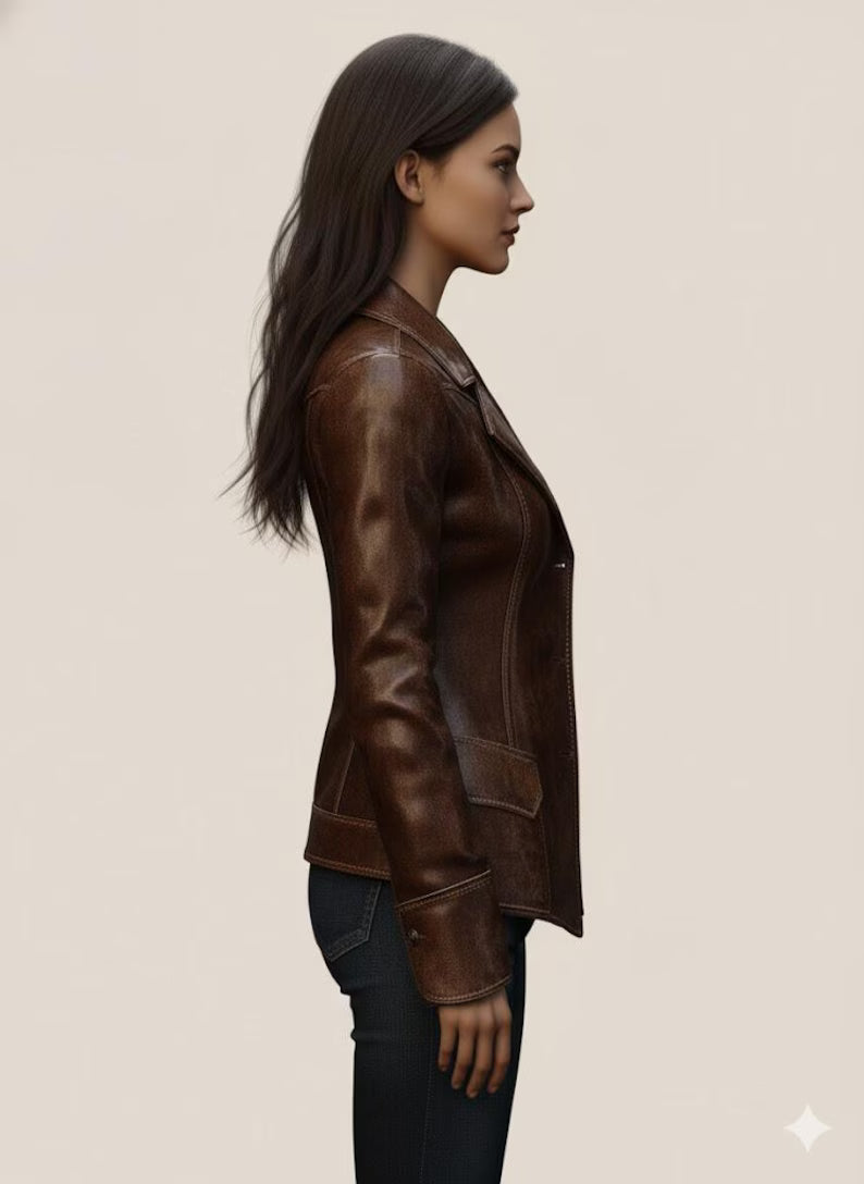 Women’s Brown Distressed Real Leather Blazer