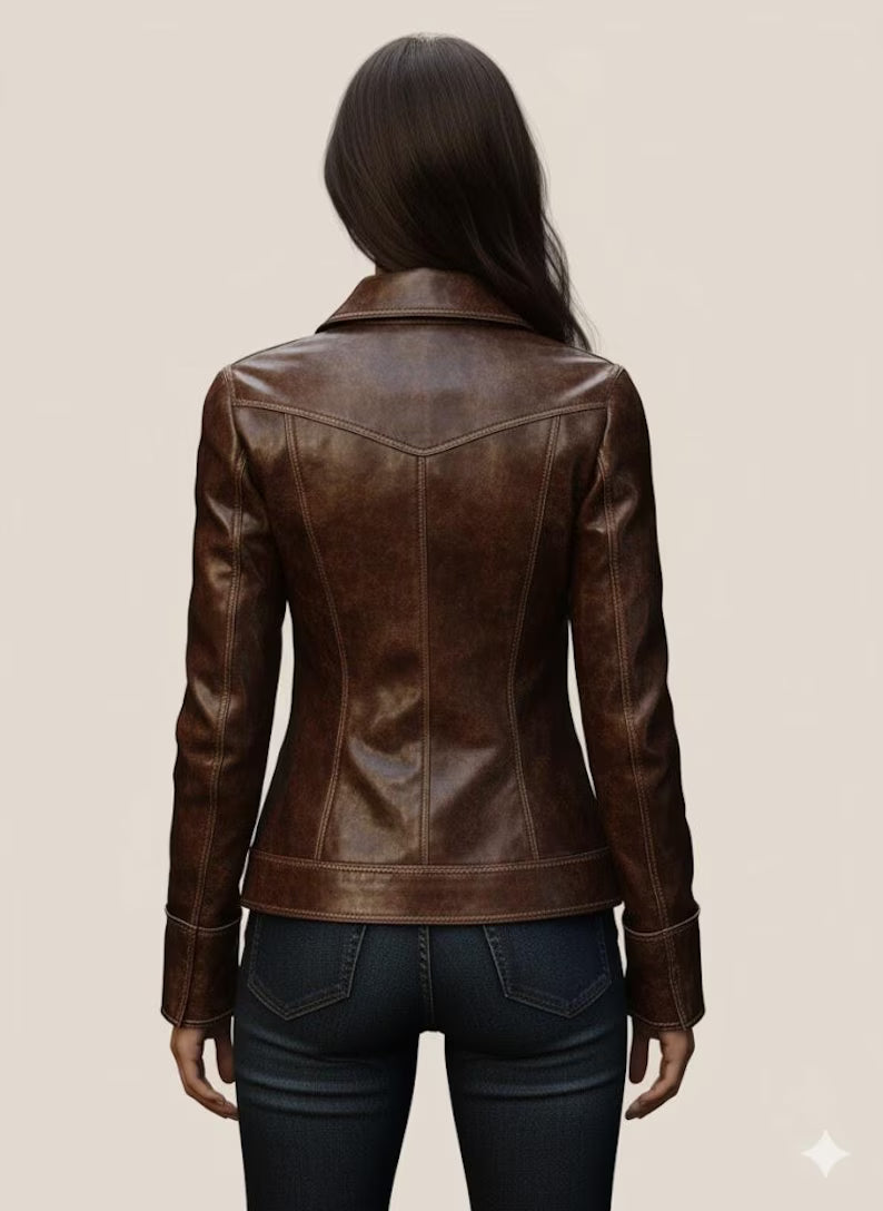 Women’s Brown Distressed Real Leather Blazer