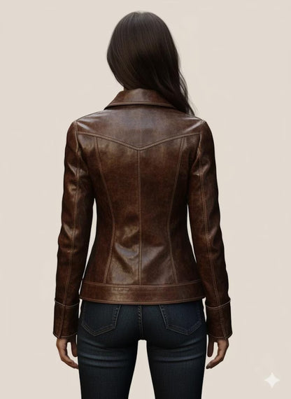Women’s Brown Distressed Real Leather Blazer