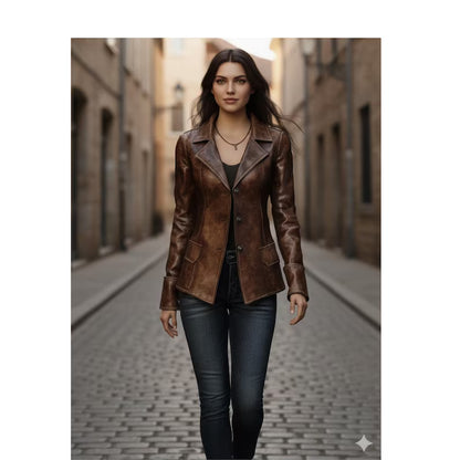 Women’s Brown Distressed Real Leather Blazer