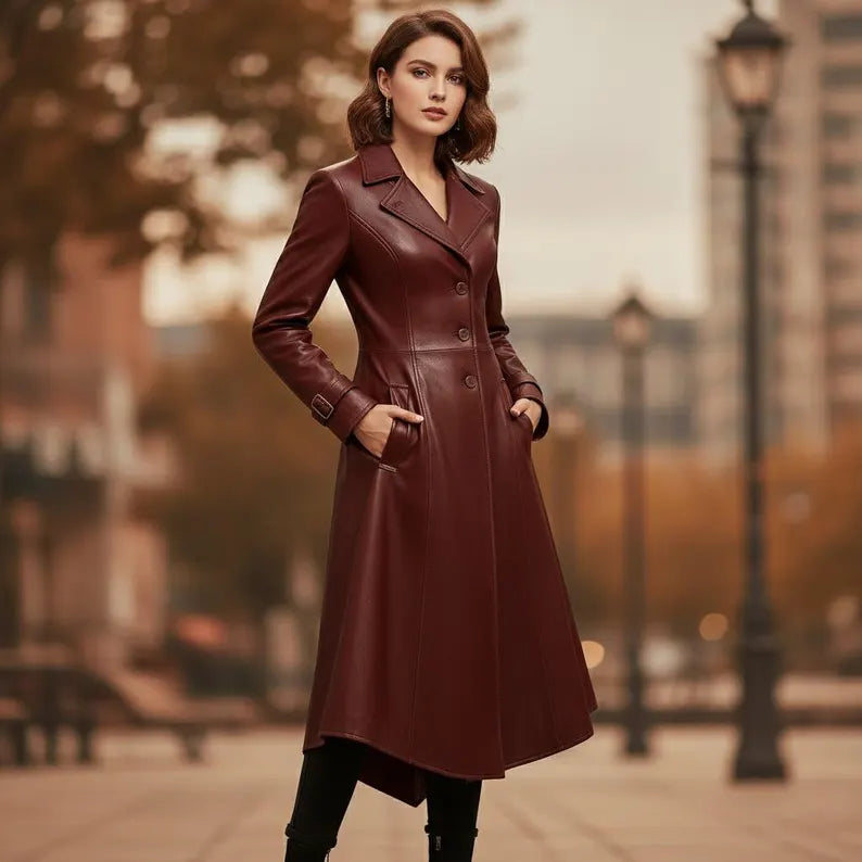 Women’s Brown Genuine Sheep Leather Trench Coat
