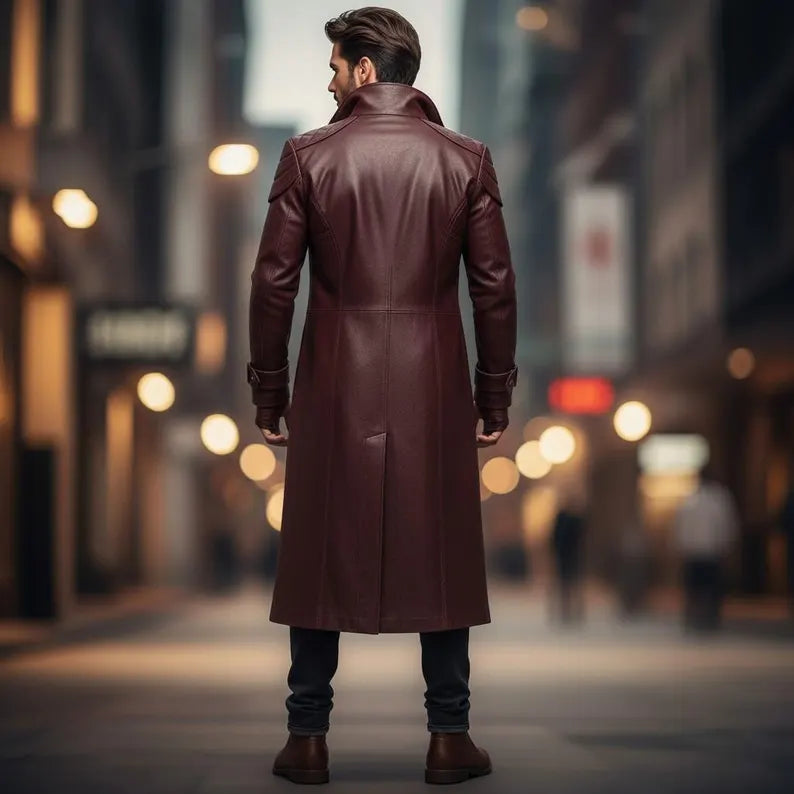 Men’s Maroon Genuine Sheep Leather Long Trench Coat – Quilted Shoulder Design Overcoat