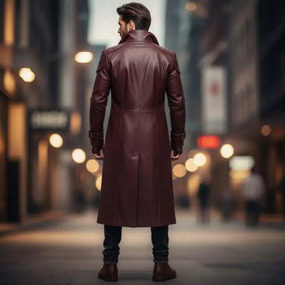 Men’s Maroon Genuine Sheep Leather Long Trench Coat – Quilted Shoulder Design Overcoat