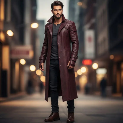 Men’s Maroon Genuine Sheep Leather Long Trench Coat – Quilted Shoulder Design Overcoat