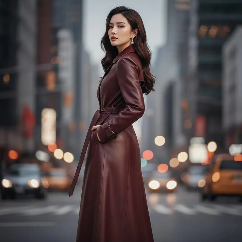 Women’s Burgundy Genuine Sheep Leather Long Trench Coat – Belted Winter Overcoat with Buckle Cuffs