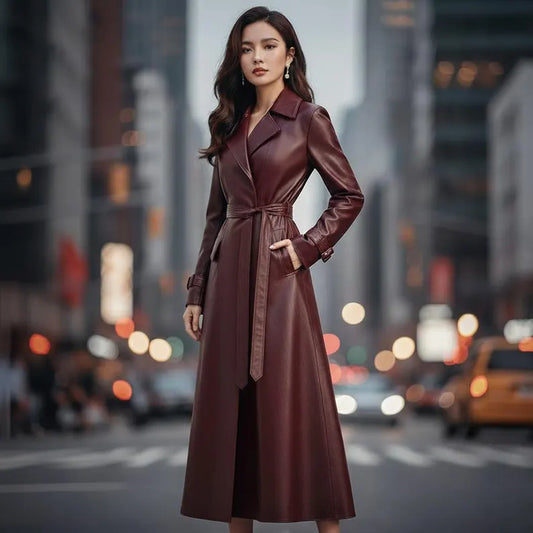 Women’s Burgundy Genuine Sheep Leather Long Trench Coat – Belted Winter Overcoat with Buckle Cuffs