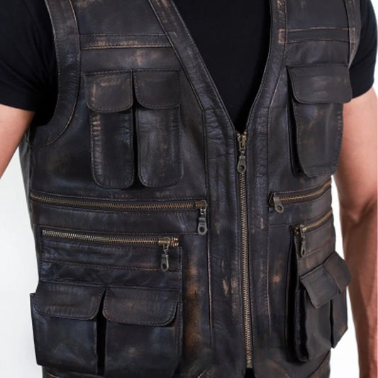 Mens Handmade Distressed Black Leather Vest