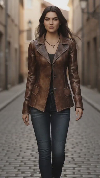 Women’s Brown Distressed Real Leather Blazer