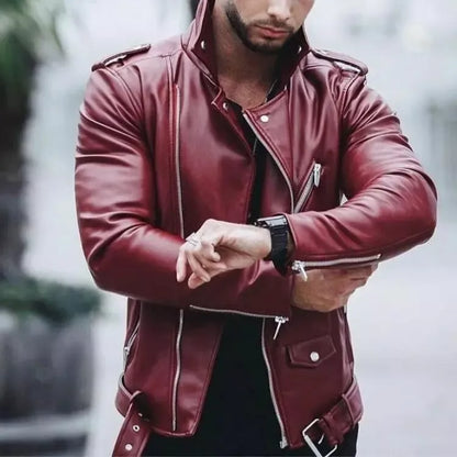 Men Genuine Real Sheep Leather Jacket Maroon Slim fit Biker Motorcycle jacket