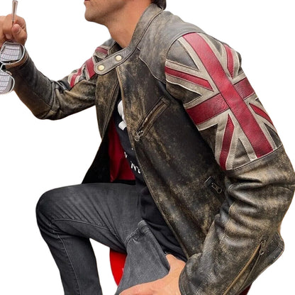 Men's Women’s Biker Vintage Racer Union Jack Real Leather Distressed Jacket