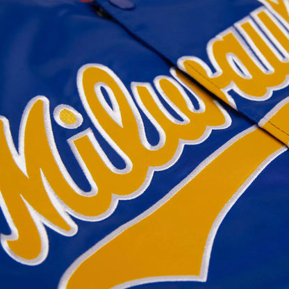Milwaukee Brewers Royal Blue Satin Varsity Jacket Letterman Baseball Bomber