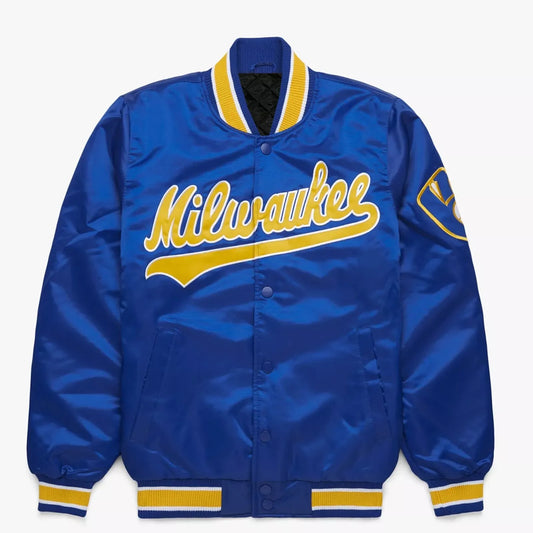 Milwaukee Brewers Royal Blue Satin Varsity Jacket Letterman Baseball Bomber
