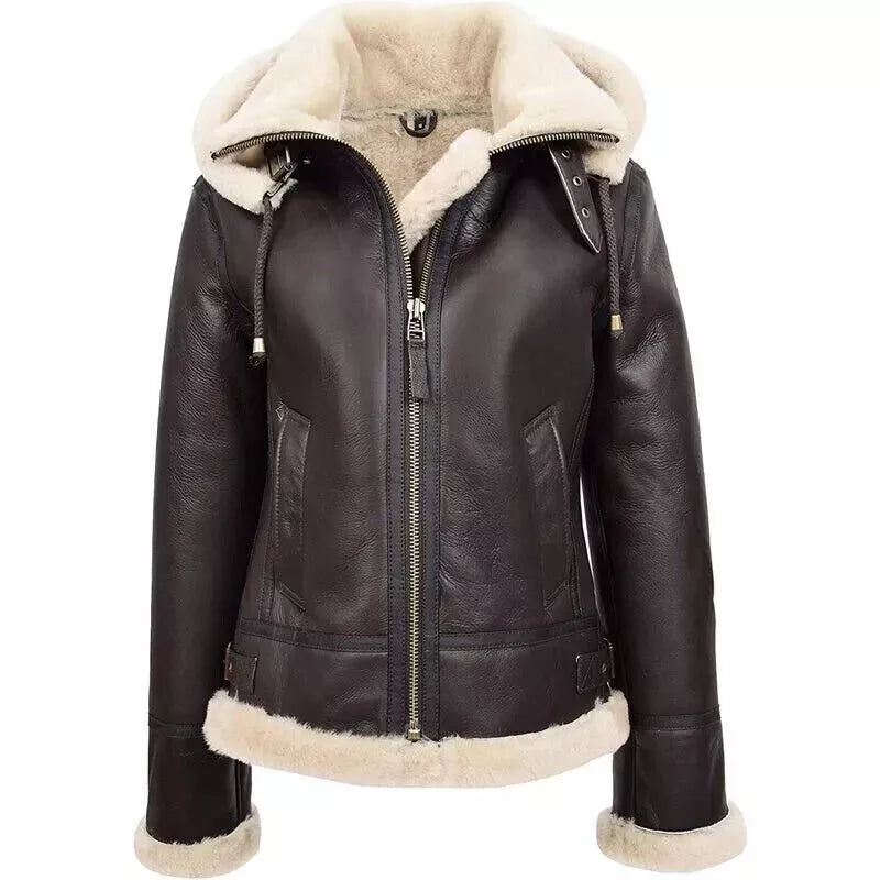 Women's Bomber Hooded B3 Aviator Flying Fur Shearling Real Leather Jacket Coat