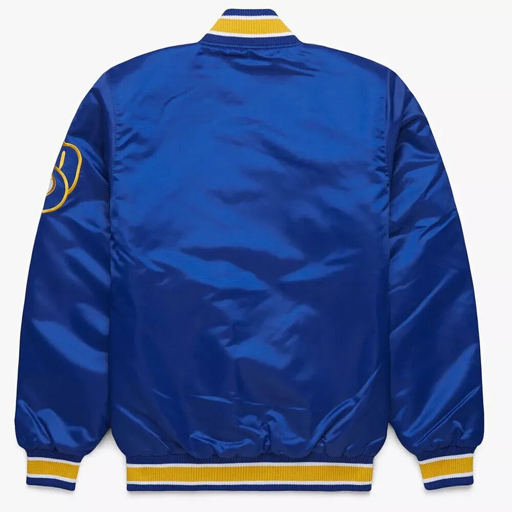Milwaukee Brewers Royal Blue Satin Varsity Jacket Letterman Baseball Bomber
