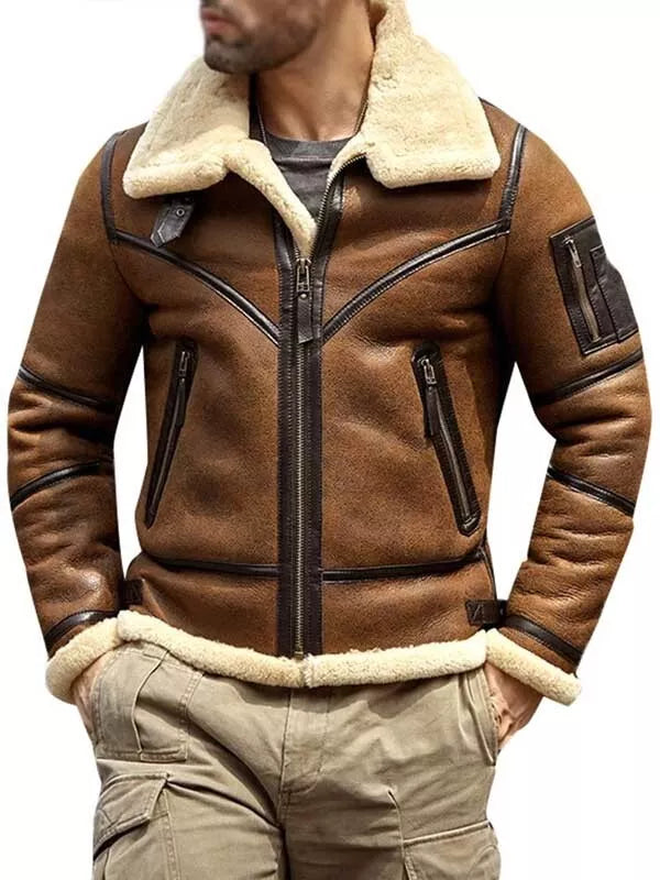 Men’s B3 Shearling Sheepskin Real Leather Aviator Jacket, Brown & Black, Gift