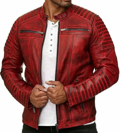 Mens Cowhide Burnt Red Cafe Racer Genuine Real Leather Motorcycle Biker Jacket