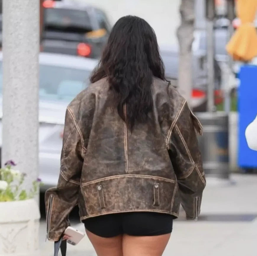 Women’s 80s Oversize Vintage Style Distressed Brown Real Leather Jacket