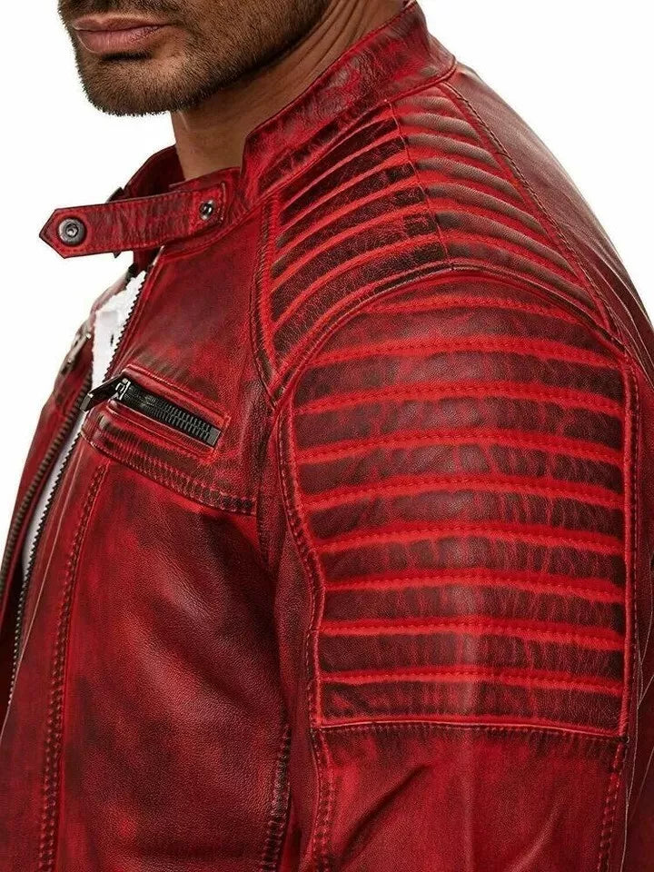 Mens Cowhide Burnt Red Cafe Racer Genuine Real Leather Motorcycle Biker Jacket