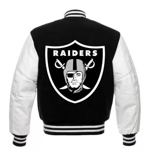 Las Vegas Raiders Varsity Jacket Black Wool White Leather Vintage Logo Letterman