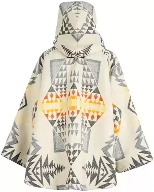 Women Wool - Fleece Poncho Coat Claw Button Hooded Jacket Poncho Overcoat