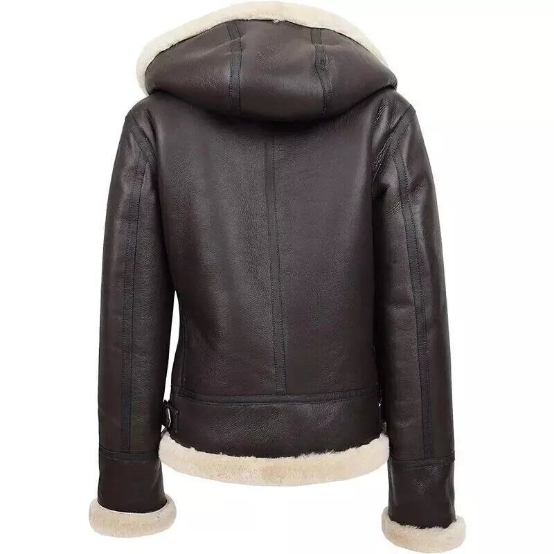 Women's Bomber Hooded B3 Aviator Flying Fur Shearling Real Leather Jacket Coat