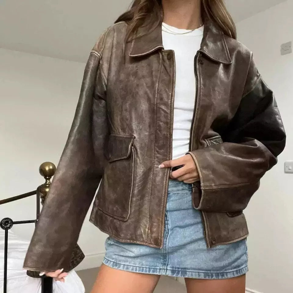 80s Oversize A2 Military Vintage Style Distressed Brown Real Leather Jacket, Gif