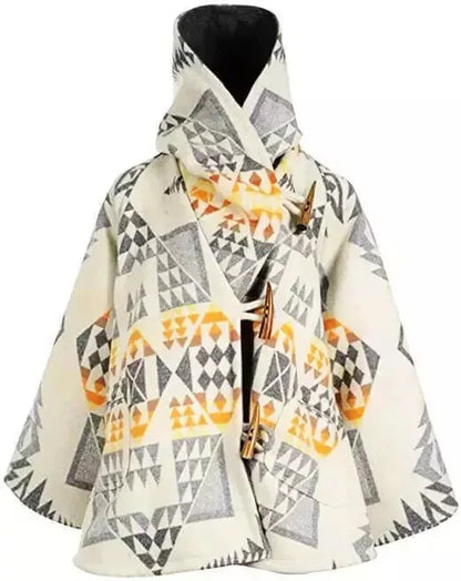 Women Wool - Fleece Poncho Coat Claw Button Hooded Jacket Poncho Overcoat