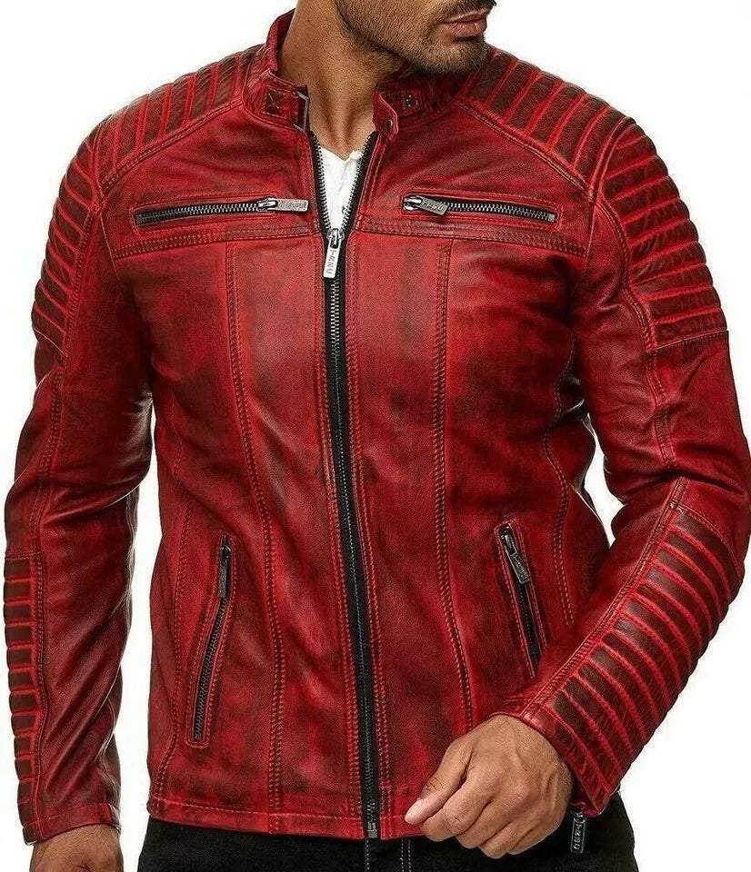 Mens Cowhide Burnt Red Cafe Racer Genuine Real Leather Motorcycle Biker Jacket