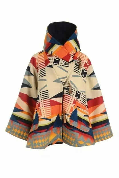 Women Wool - Fleece Poncho Coat Claw Button Hooded Jacket Poncho Overcoat