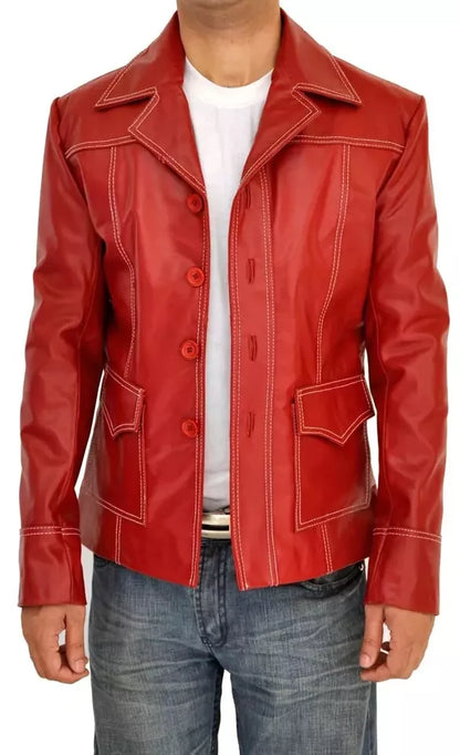 Fight Club Brad Pitt Real Lamb Leather Mens Jacket FC Coat Red