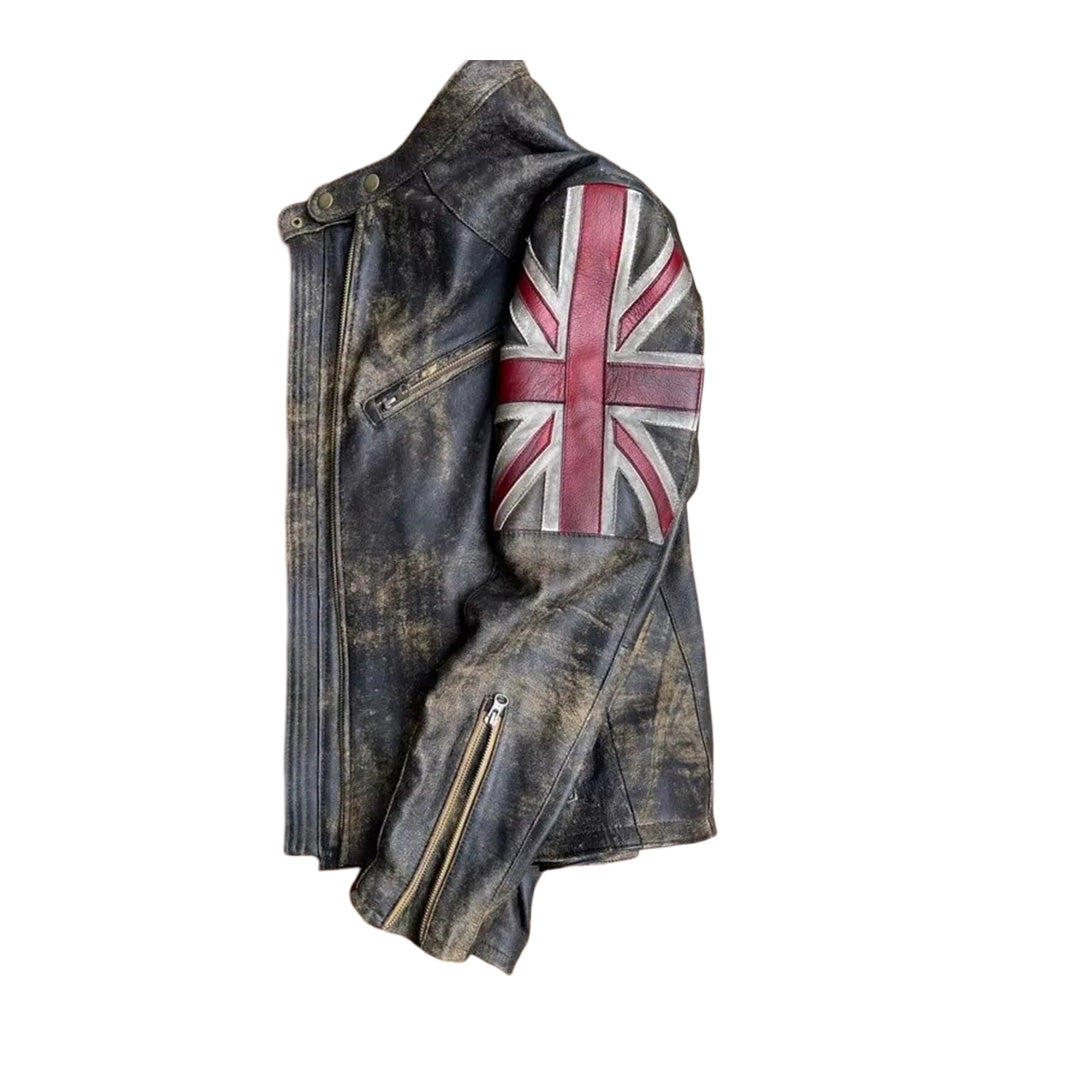 Men's Women’s Biker Vintage Racer Union Jack Real Leather Distressed Jacket