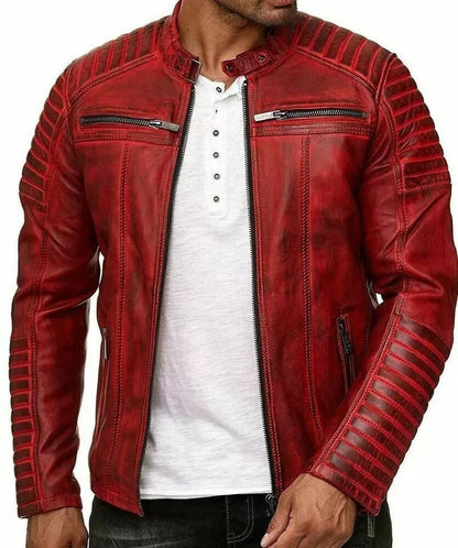 Mens Cowhide Burnt Red Cafe Racer Genuine Real Leather Motorcycle Biker Jacket