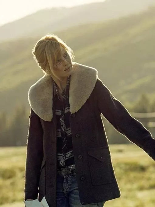 Beth Dutton Yellowstone Kelly Reilly Shearling Brown 100% Pure Soft Wool Coat