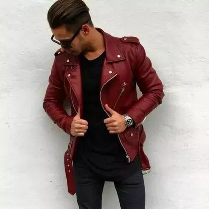 Men Genuine Real Sheep Leather Jacket Maroon Slim fit Biker Motorcycle jacket