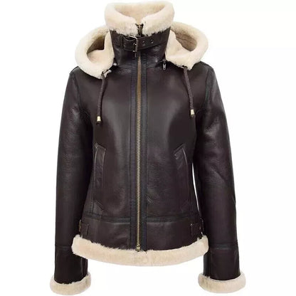 Women's Bomber Hooded B3 Aviator Flying Fur Shearling Real Leather Jacket Coat