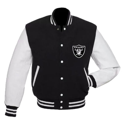 Las Vegas Raiders Varsity Jacket Black Wool White Leather Vintage Logo Letterman