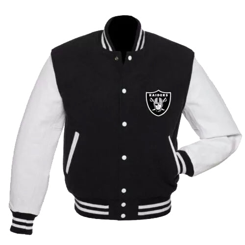 Las Vegas Raiders Varsity Jacket Black Wool White Leather Vintage Logo Letterman